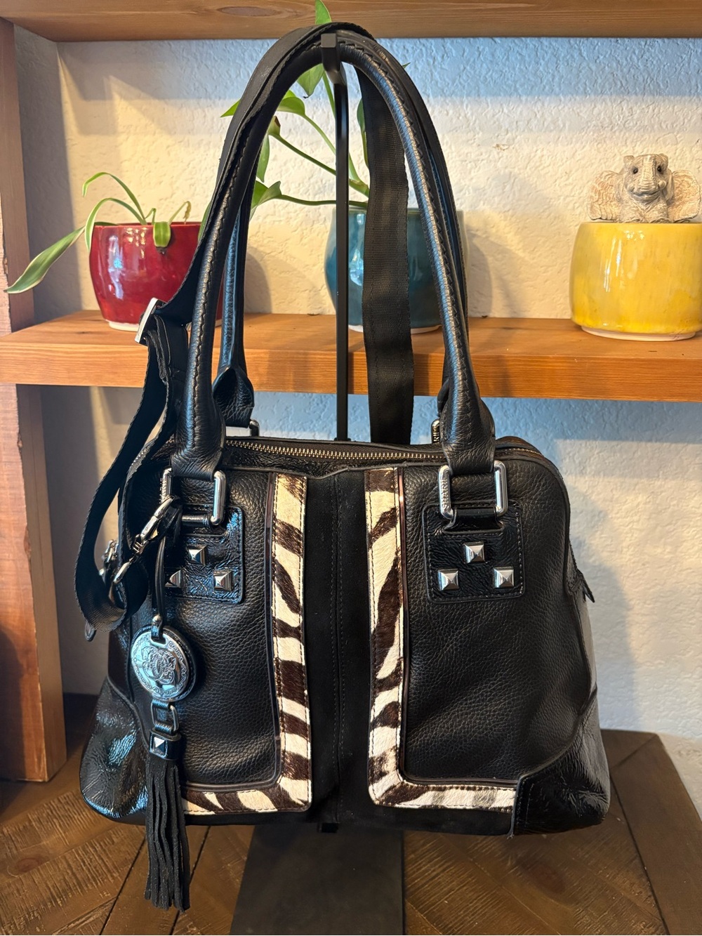 Sharif Black Leather Shoulder Bag with Zebra Accent